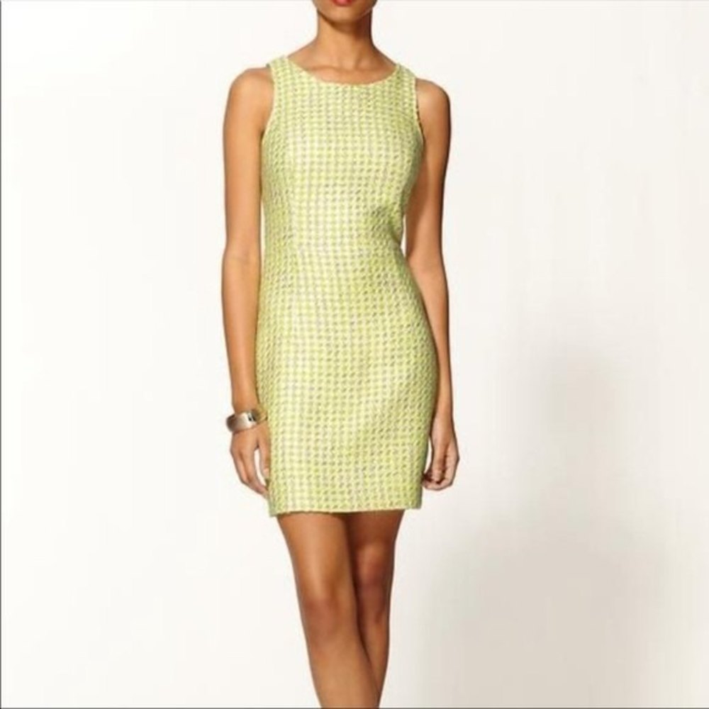 THEORY Nadeeka Darjeeling Neon Yellow and Gray Houndstooth Tweed Dress